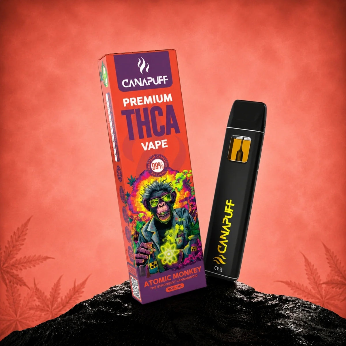 Atomic Monkey THCA Vape 99% 1ml su sfondo bianco